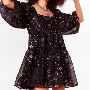 Nasty Gal Metallic Star Print Puff Sleeve Baby Doll Tiered Mini Dress GG13